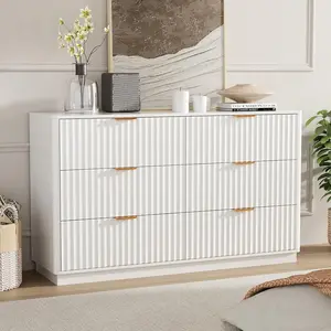 VOWNER 54" Wide Modern Fluted Wooden 6-Drawer Dresser with Metal Handles - Apartment Furniture, TV Console Cabinet, Closet Storage for Bedroom, Living Room