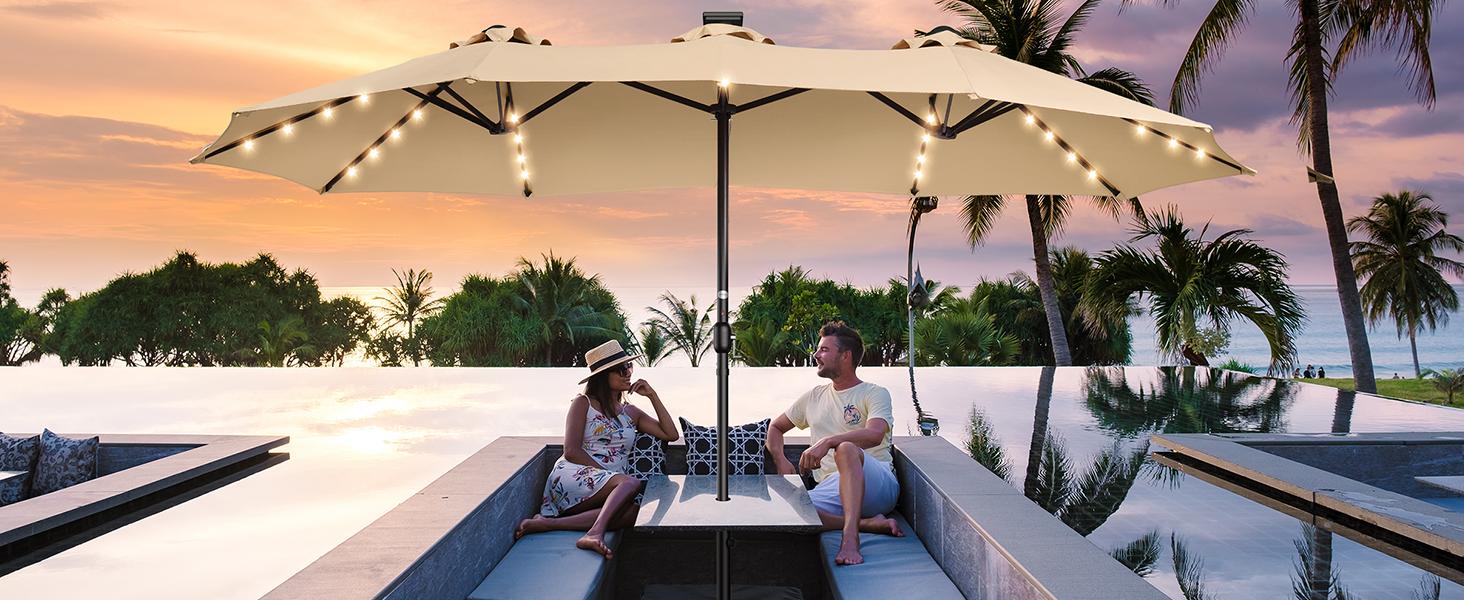 【Oversized】13FT/15FT Large Patio Umbrellas with Base Included, Outdoor Double-Sided Rectangle Market Umbrella with Crank Handle, Oversized Umbrella for Deck, Pool, Backyard Beige Heavy Duty Canopy Uv Resistant Canopy Sunshade Canopy