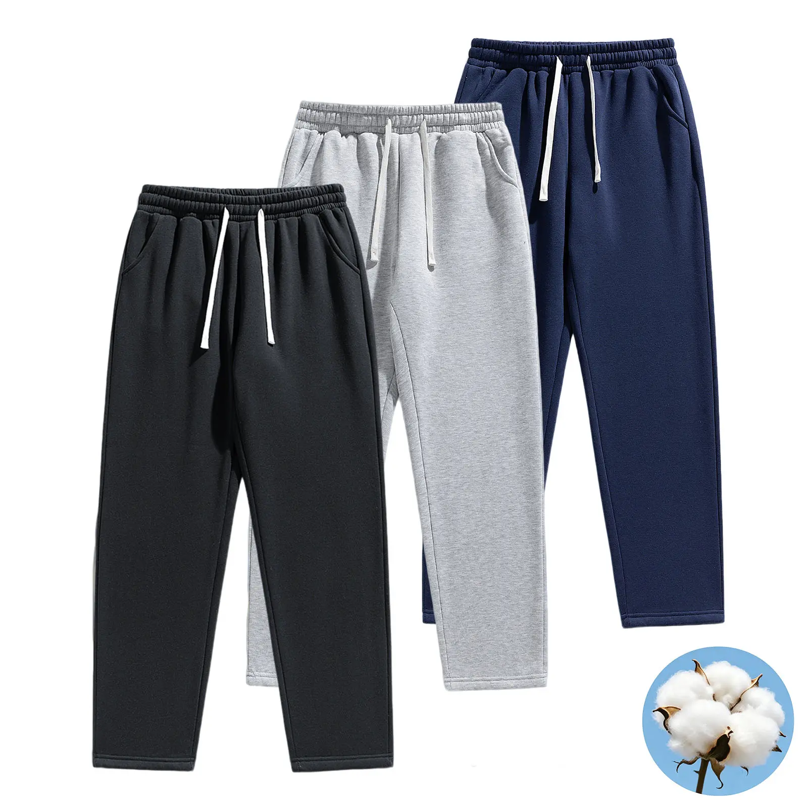 Men’s cotton fleece sweatpants, thickened straight-leg design with a fleece lining for warmth; casual pants suitable for spring, autumn, and winter, skin-friendly, warm, and breathable to prevent overheating and sweating.