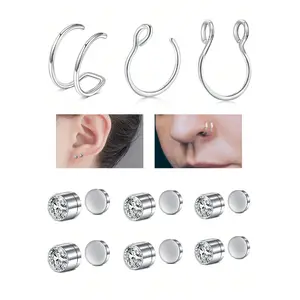 Magnetic Fake Nose Rings Hoop & Studs Set, 316L Stainless Steel Faux Septum Piercing Non-Pierced Jewelry for Women Men