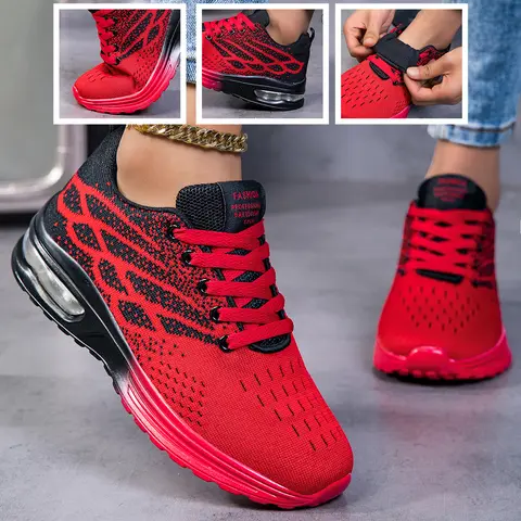 Women's Lace-Up Low Top Active Casual Trainers - Shoes for Women, Textile Fabric, Breathable, Lightweight, Neutral Support, All Seasons, Flexible EVA Sole, Cushioned Footbed, Red Accent, Shock Resistant, Athletic Streetwear for Gym, Walking