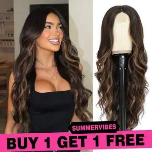 [BCHR HAIR] Summervibes buy 1 get 1 free wig,Black Wig for Women Long Wavy Lace Hairline Wig 26 Inch Middle Part Synthetic Heat Resistant Wig valentines for Daily Party Realistic Look Soft Smooth Texture Handcrafted Hairline Anti-Slip Band - Lifelike outd