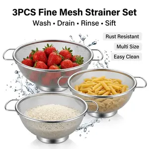 3PCS Stainless Steel Fine Mesh Strainer Set with Handle, Multi-Size Kitchen Colander for Rice, Pasta, Fruits & Vegetables, Heavy Duty Metal Sieve Basket for Washing, Draining & Food Prep, Space Saving Kitchen Essentials Gift