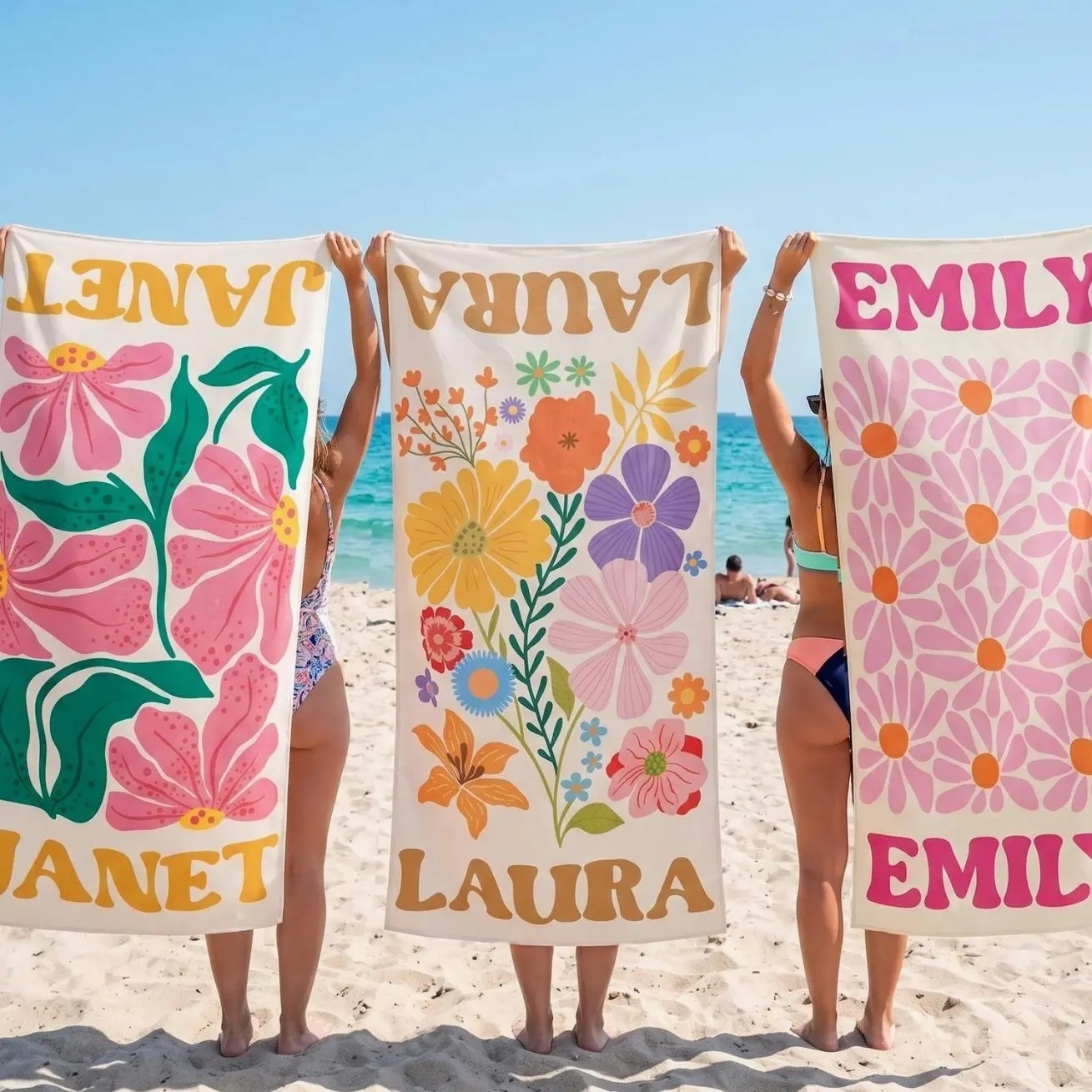 Personalized Retro Floral Beach Towels, Custom Name Pool Trips Towel, Bachelorette Party Favors, Girls Trip Summer Towel