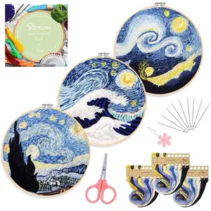 3 Sets Embroidery Cross Stitch Kits with Instructions,Needlepoint Kit with 3 Stamped Clothes,1 Hoop and 6 Needles,Women DIY Hand Crafts