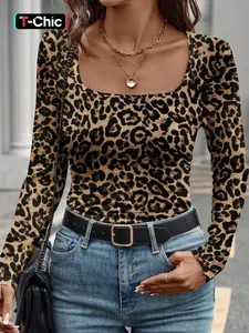 Spring & Fall Fashion Square Neck Leopard Print Slim Fit Long Sleeve T-Shirt Pullover, Stylish Women's Casual Fashion Fitted Top for Everyday Wear
