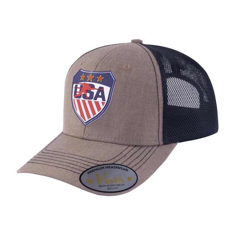 Embroidered US Loving Hockey - 6 Panel Trucker Hat - Light Brown/Black