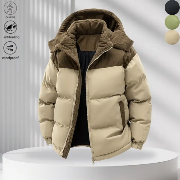 One men’s hooded cotton jacket featuring a corduroy patchwork design with contrasting colors. Casual wear with a premium feel; crafted from supple twill and corduroy fabrics that are durable, resist wrinkling, and hold up well after repeated washing. Neat
