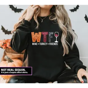 WTF Thanksgiving Sweatshirt, Thanksgiving Food Sweatshirt, Thanksgiving Dinner Sweatshirt, Wine Turkey Friends Thanksgiving Shirt, Faux Sequin Thanksgiving