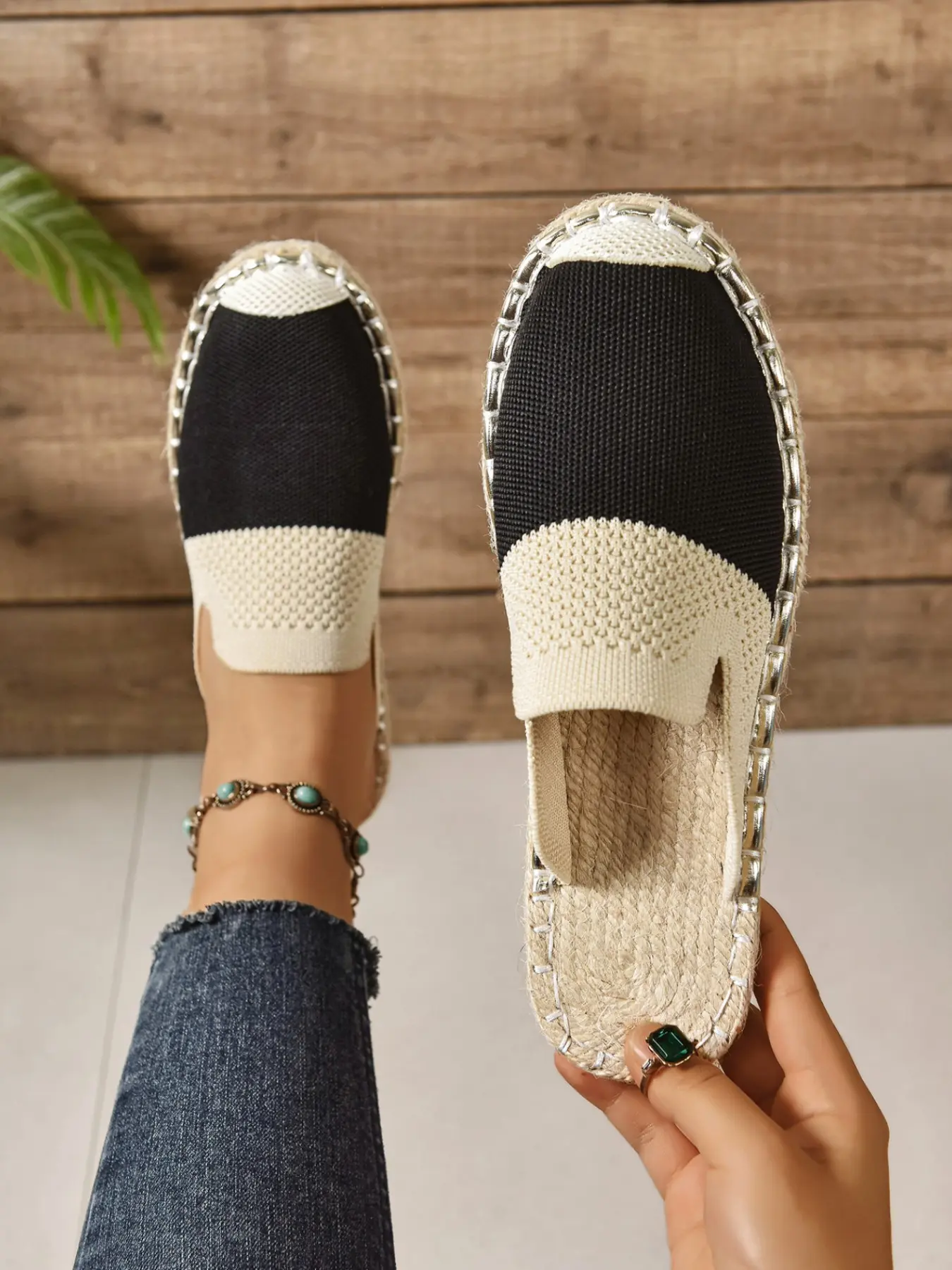 French Straw Bottom All-Season Slippers for Women, Colorblock Flyknit Toe Cover, Lazy Style Versatile Shoes, Casual Summer Shoes, Casual Trendy Shoes, Casual PU Rubber Sole