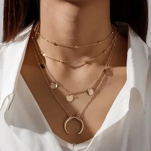 Florideco 1PC Fashion Choker Necklace, Disc & Moon Pendant, Multi-layer Bead Clavicle Necklace