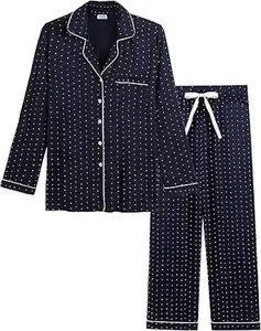Womens Bamboo Viscose Pajama Sets Long Sleeve Button Down Cooling Sleepwear Soft Comfortable Pj Pants Set for Women