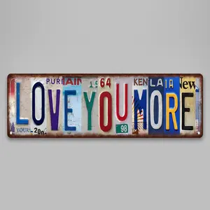 Love You More" & "Love You Bye" Rustic Metal Signs, Vintage License Plate Style Wall Art, Distressed Farmhouse Decor, Cute Family Quote Sign for Entryway & Bedroom
