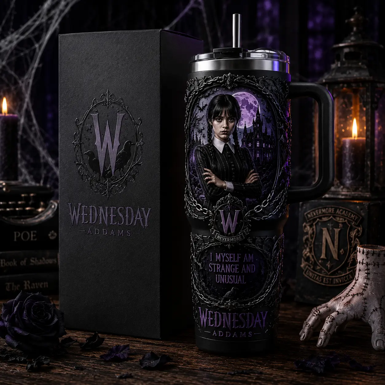 OceanSip4U Wednesday Addams 40oz Stainless Steel Tumbler with Handle, Vacuum Insulated Travel Mug, Gothic Halloween Cup, Nevermore Academy Inspired Tumbler, Spooky Gift for Wednesday Fans