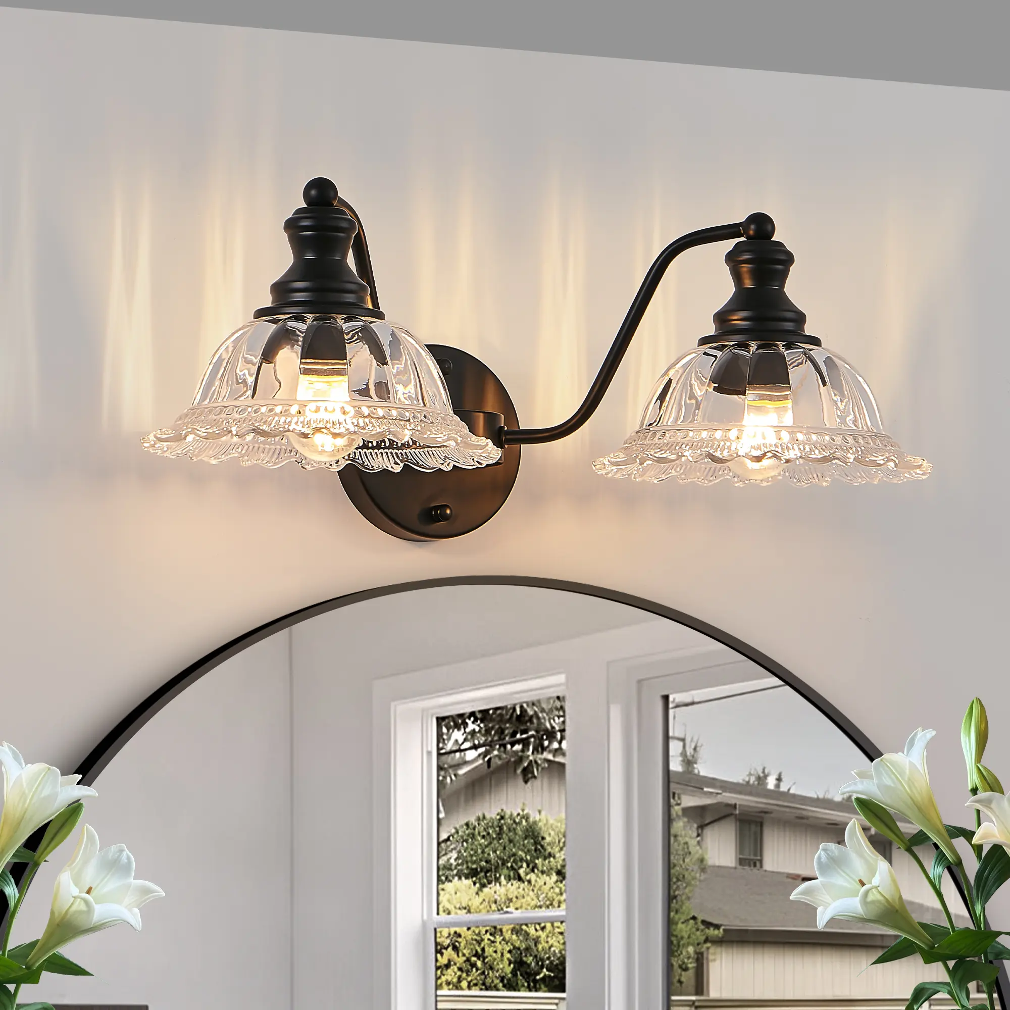 20-Inch 2-Light Vintage Bathroom Wall Sconce - Elegant Black Metal and Glass Lampshade Vanity Fixture, Indoor Lighting Home Decor for Bathroom, Hallway, Home Decor Light