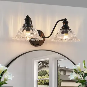 20 Inch 2-Light Vintage Bathroom Wall Sconce – Elegant Black Metal and Glass Lampshade Vanity Light Fixture for Bathroom, Hallway, or Bedroom