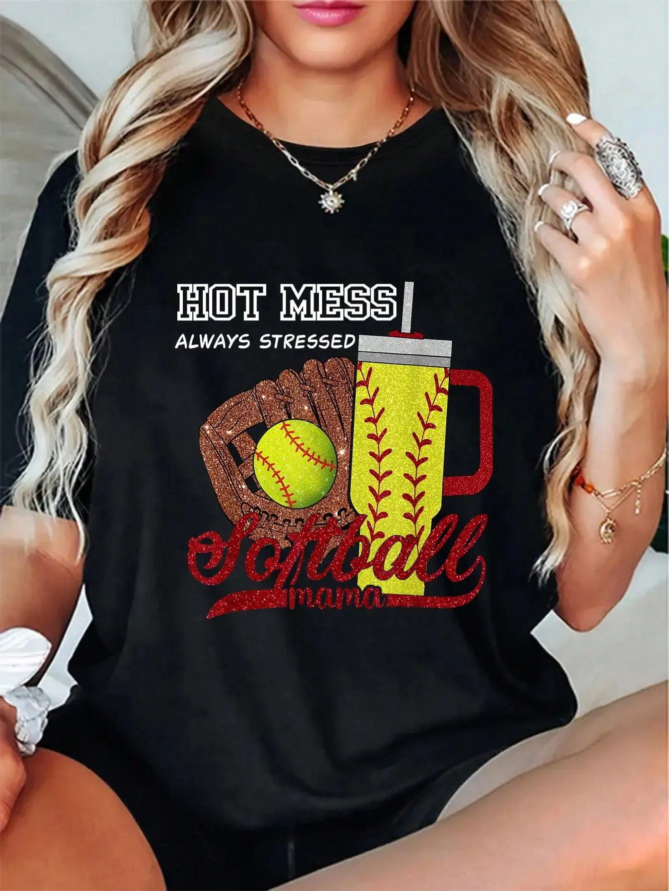 Women's 100% Pure Cotton Short Sleeve Casual Round Neck Vintage Cartoon Cute T-Shirt - Softball Mom Game Day Top, Mothers Day Gift, Distressed Look, Casual Fit, Streetwear
