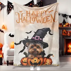 Cute Halloween Dog Pumpkin Flannel Blanket, Soft Lightweight Warm, Perfect for Bed Sofa Office Camping Travel, Great Gift Idea