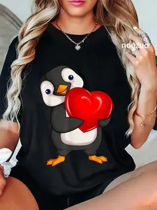 100% Cotton Unisex Penguin Lover Women Men Penguin Themed T-Shirt Black Short Sleeve Casual Top