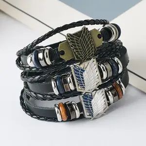 Animation Attack on Titan badge Wings of Liberty bracelet, Cowhide bracelet vintage multi-layer bracelet Maximalist Jewelry