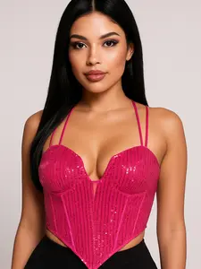Karina Bustier Crop Top - Sequined Corset Top with Back Zipper & Under Bust Wiring Fit Women's Casual Chic Day Wear Piece Women'swear Blazers Basic Minimalist Short Sleeveless for Summer