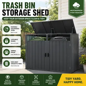 Garbage Bin Shed Outdoor Trash Can Storage Metal Double 2 Bin Locker Stainless Galvanized Steel Box Weatherproof Animal Proof Garbage Can Container Hideaway Organizer Utility Outside Backyard Garden Lawn Hideout