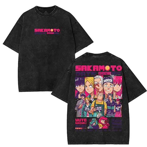 Mens Retro Sakamoto Days Oversized Short-Sleeve Soft Cotton T-Shirt - Double-Printed Vintage Washed, Unisex Heavyweight, Matching Outfits for Anime Fans, Shortsleeve, All Seasons