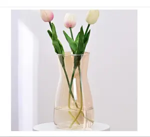 Glass Vases for Flowers, 8 Inch Tall Ins Modern Irised Crystal Clear Glass Vases for Centerpieces Home Desk Decoration, Decorative Glass Table Vase for Birthday Wedding Housewarming Gift,Amber