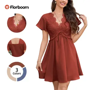 Florboom Women's Floral Lace Boho Deep V Neck Mini Dress Flutter Short Sleeve A-Line Flowy Dresses Perfect for Family Pictures,Wedding Guest, Bride, Baby Shower, Church