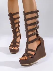 Summer New Brown Suede Wedge Heel Gladiator Sandals, Women Multi Buckle Strappy Open Toe Stylish Boots