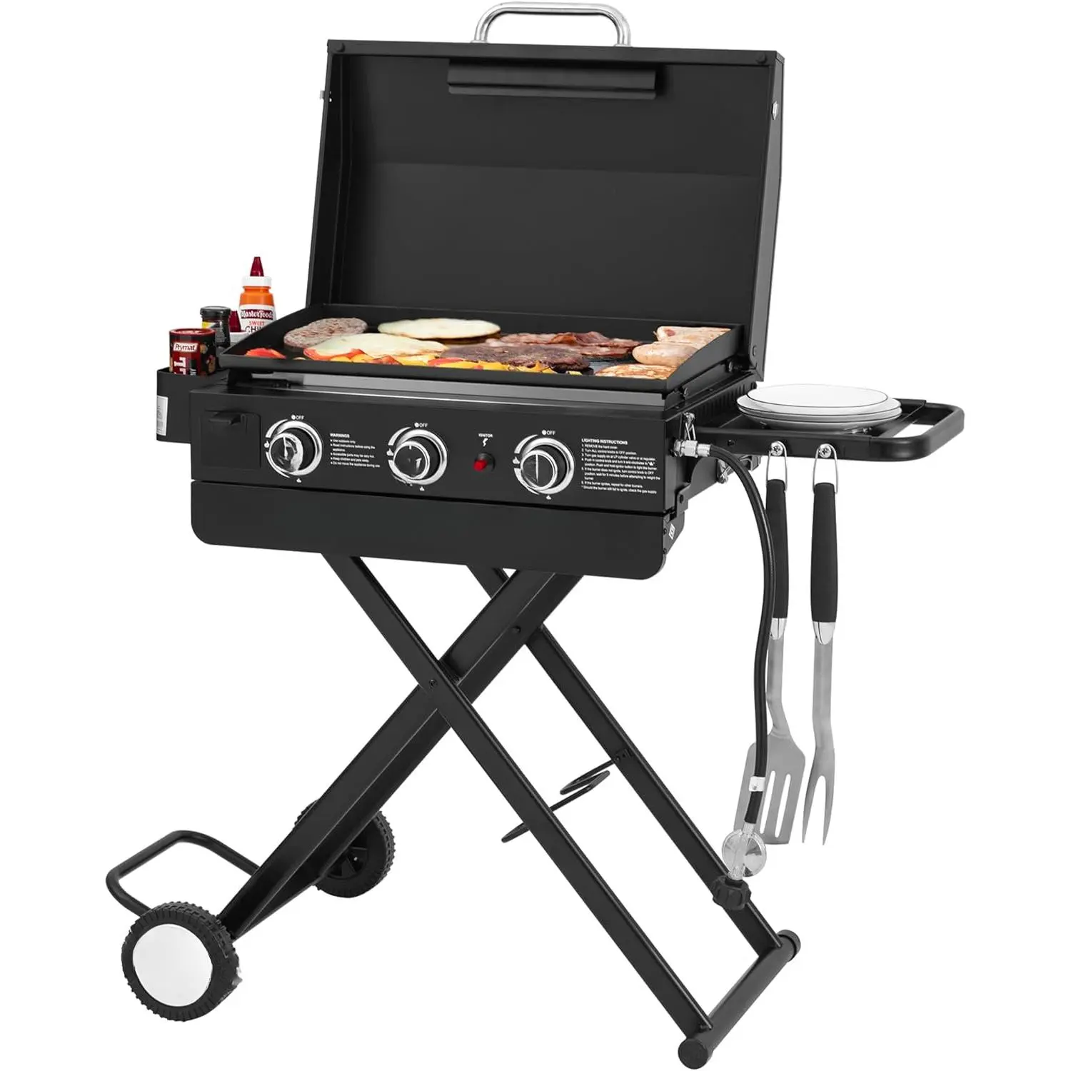 3-Burner Propane Gas Griddle with Collapsible Stand, 23-Inch Portable Griddle with Side Table & 314 Sq.In.Cooking Area for Camping, Tailgating, Backyard & Patio, Black