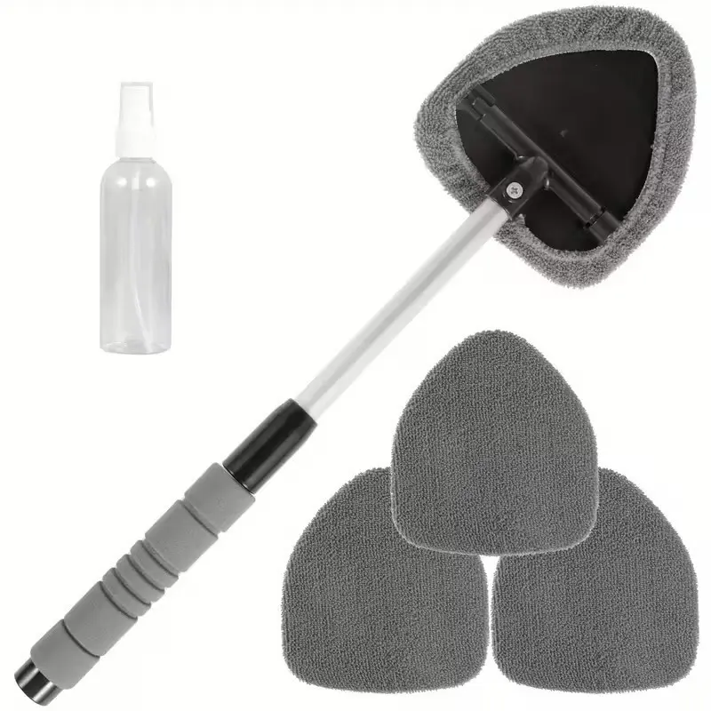Car Windshield Cleaning Brush, Retractable Glass Wash Tool, Foggy Defrost Wiper Cleaner, Car Cleaning Cloth Set with 3 Pads + 100ML Spray Bottle, Car Cleaning Supplies, Car Cleaning Kit