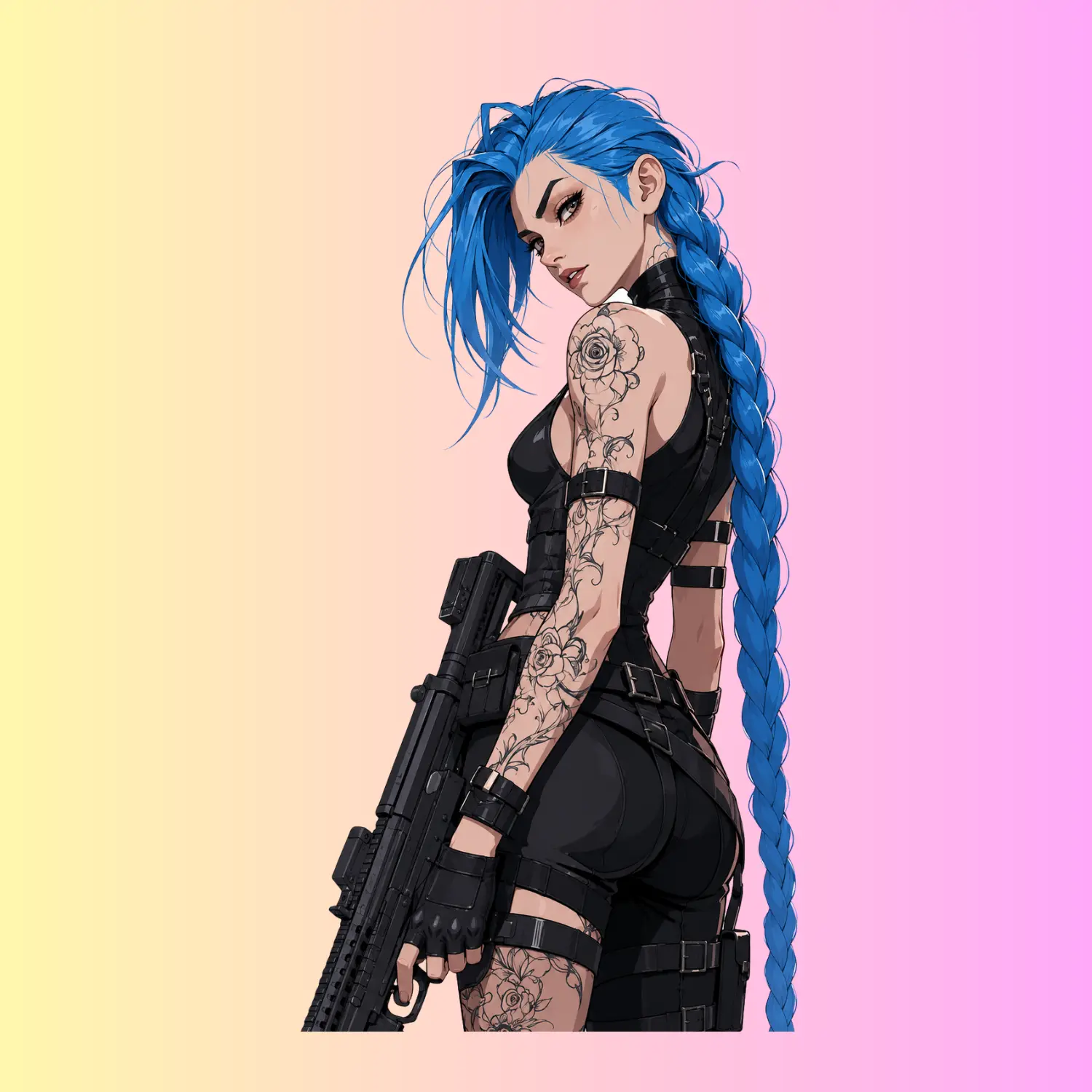 Jinx Tactical Tattoo Anime Girl Sticker, Blue Braided Hair Rifle Vinyl Decal for Car Laptop Bumper Bottle