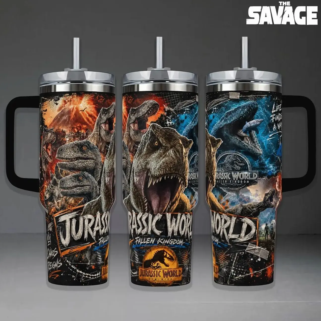 Jurassic World Fallen Kingdom & Dominion Tumbler, 40oz Insulated Travel Mug with Handle. T-Rex Blue Raptor & Mosasaurus Art Cup, Prehistoric Dinosaur Fan Merchandise, Perfect Gift for Sci-Fi and Movie Lovers