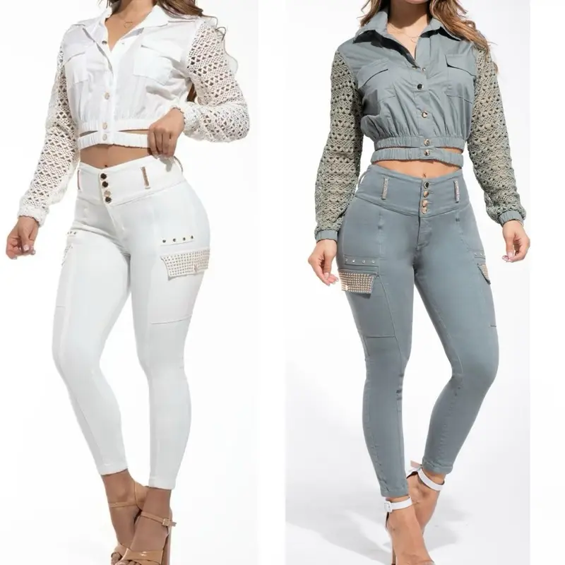Colombian 2-Piece Cargo Set for Women - Basic Long Sleeve Lace Top & Stretch Pants, Casual Fitted Women's Clothes, Fashion, Stretch Fit, Everyday Wear, Cargo Clothes Set
