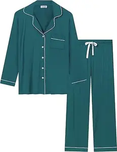 Womens Bamboo Viscose Pajama Sets Long Sleeve Button Down Cooling Sleepwear Soft Comfortable Pj Pants Set for Women