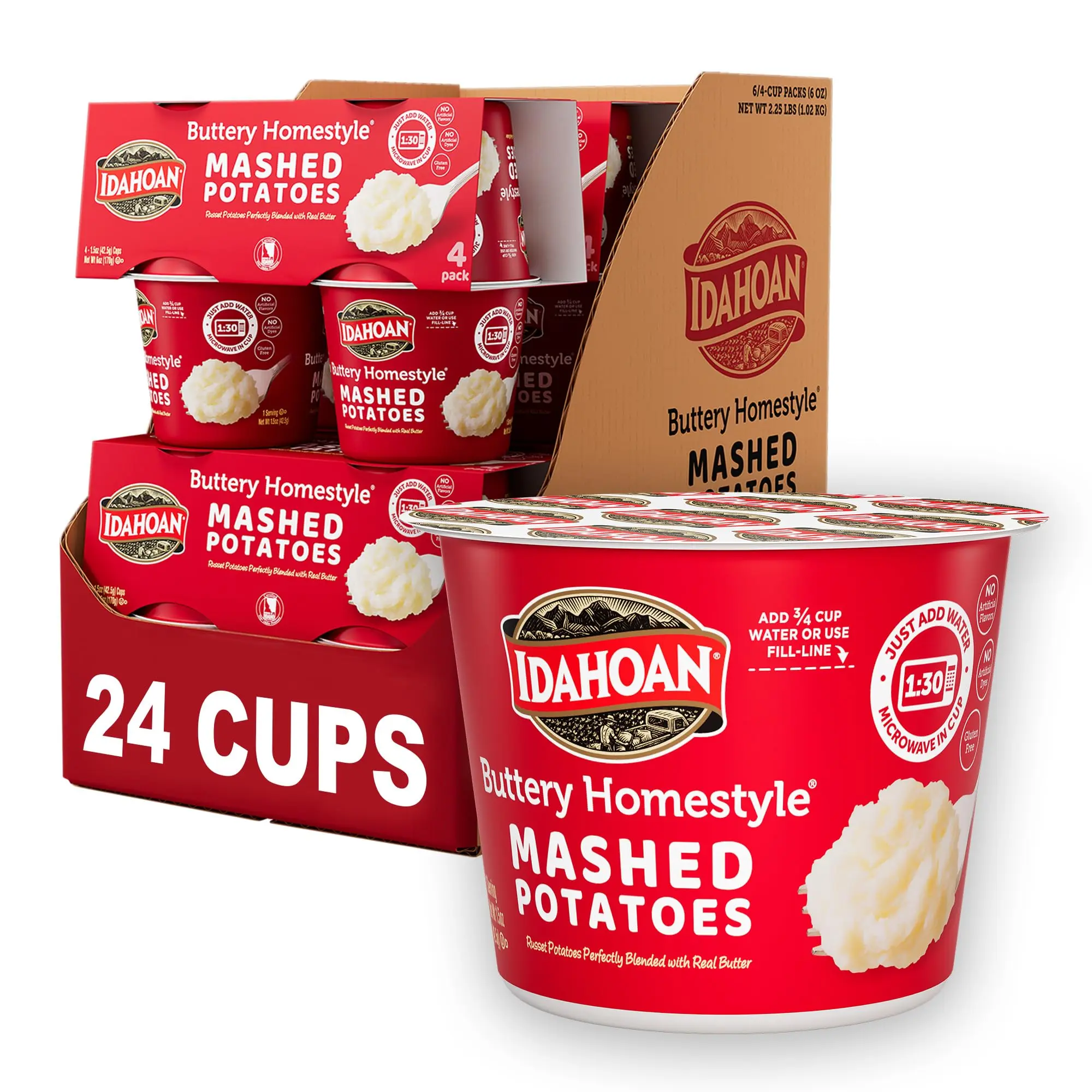 Buttery Homestyle Instant Mashed Potato Cups, Made with Real Potatoes, Gluten Free, Quick Microwave Side Dish, 1.5 oz, 24 Pack