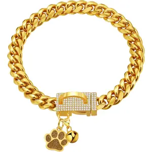 Dog Chain Collars Gold Dog Collar 10mm Cuban Link Dog Collar Stainless Steel Cuban Link Chain with CZ Diamond Buckle Bling for Puppy Small Medium Large Dogs Includes Dog tag & Bell(10") Adjustable Golden Dog Chain Collar dog  accessories