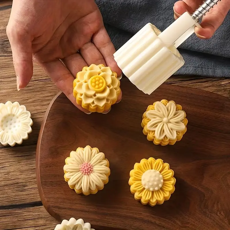 DIY Moon Cake & Cookie Maker, 1-Mold & 4-Stamp Set, Flower Shaped Stamps, Plastic Hand Press Baking Tool, Mid-Autumn Festival Pastry Mold, Cookie Molds