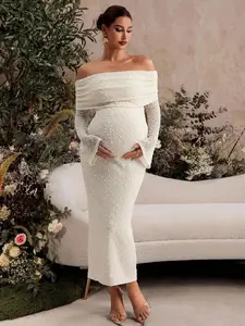 ALLITA Maternity Solid Color Pleated Off Shoulder Long Sleeve Fitted Elegant Dress Maternity Baby Shower Dress Pregnancy Photoshoot Dress