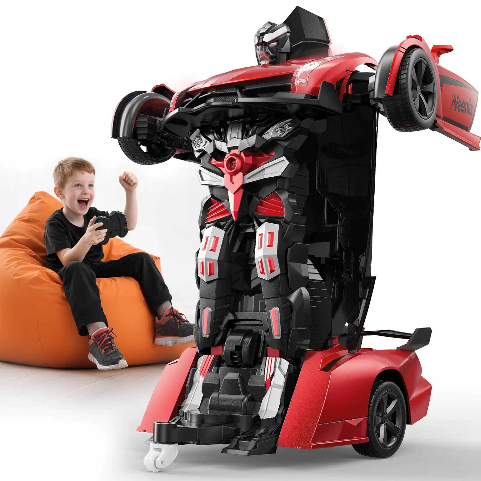 Veeniix V992 Transform Remote Control Car,Transform Robot RC Cars,1:14 Scale,2-in-1 Robot Toy Car with Sound & Light,Gesture Sensing,Automatic Deformation,Great Gifts Toys for Boys and Girls 4-6 (Red) Rc Controlled Cars Kids