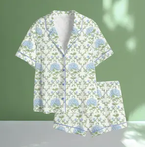 Blue And Green Hydrangea Satin Pajama Set #PersonalizedPjs #BambooPajamas #MatchingSets #VintageVibe #PajamaCore