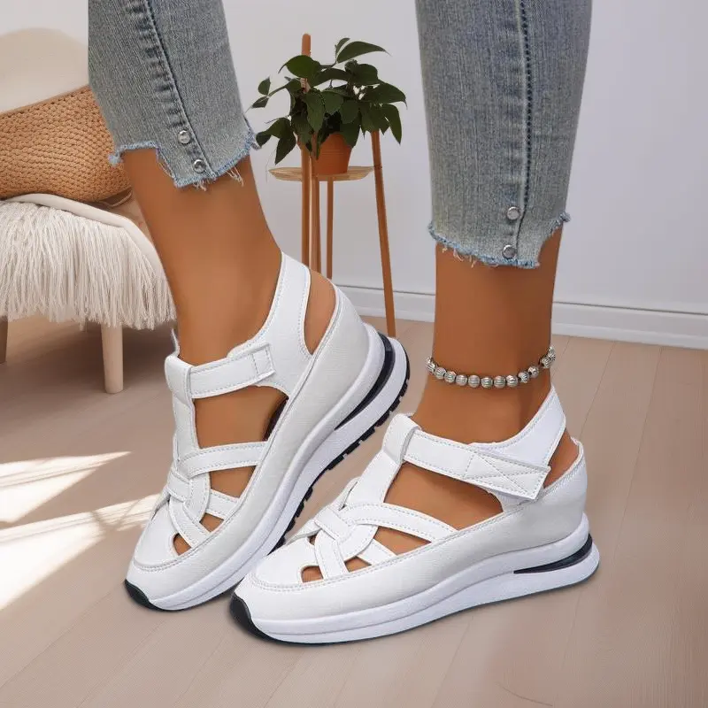 Female Fashionable Velcro-Fastening Wedge Sneakers - Leather, Dustproof, Casual Soft Rubber Sole, Lightweight Breathable Daily Wear Sports & Outdoor Shoes