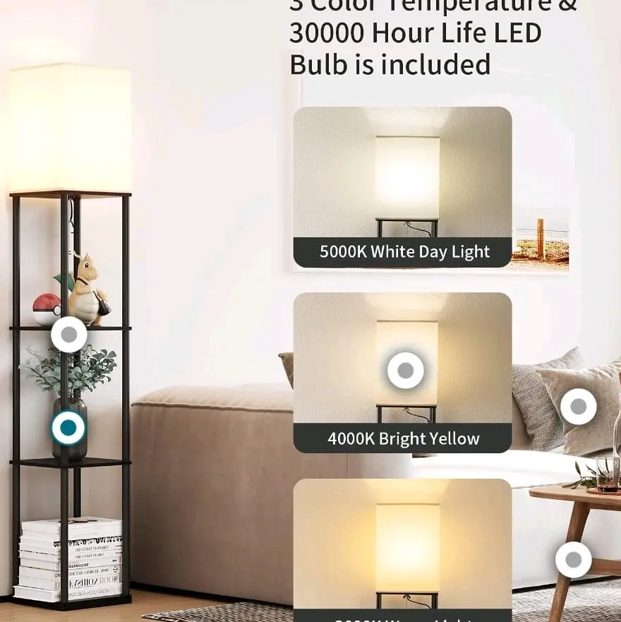 SUNMORY Modern square floor lamp with shelves, 3 color temperature bulb, bookcase for corner, living room and bedroom