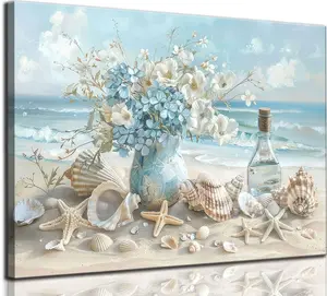 Coastal Beach Canvas Wall Art - Ocean Seashell, Starfish & Blue Hydrangea Poster, Seascapes Print for Bathroom, Living Room