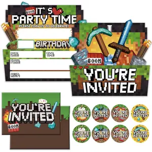 Birthday Party Invitations Boy - Pixel Party Invitations - 20 Sets Birthday Invitations for Boys Girls Kids - Pixel Theme Bday Party Decorations - 20 Invitations with Envelopes and Stickers B