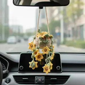 Cute Sunflower Crochet Rearview Mirror Charm, Handmade Car Mirror Hanging Decoration, Women's Car Ornament, Plant Lover Gift