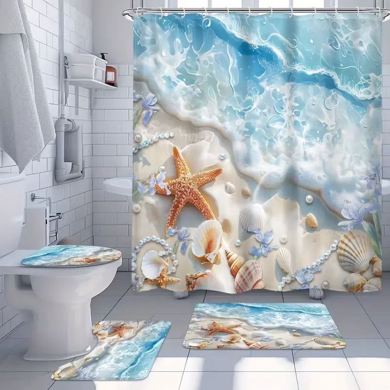 This dreamy shower curtain set features a wave, beach, flower, starfish, and seashell pattern. It includes a non-slip mat, a U-shaped rug, and a toilet seat cover. Perfect for bathroom décor, it beautifies the space and comes with 12 shower curtain hooks.