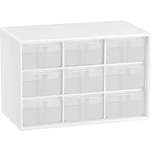 Small Drawer Organizer For Desk, Mini Desktop Drawer Organizer With 9 Clear Drawers, Plastic Desktop Craft Storage Box For Desk, Office, School, Home (White)