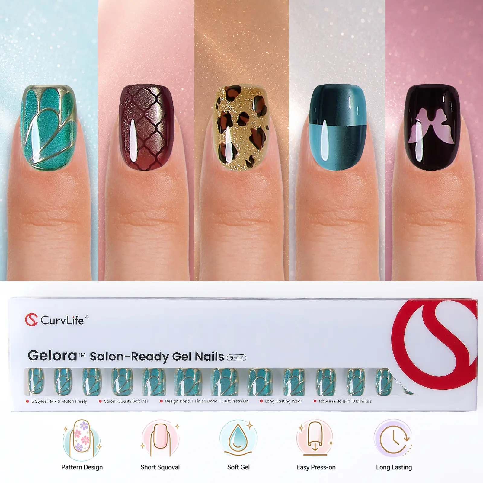 150PCS Cat Eye Press-On Nails Kit, CurvLife Soft Gel Nail Tips with 5 Magical Galaxy Shades – Pink, Emerald, Violet, Ocean Blue & Silver. Shimmering Aurora Cat Eye Effect, 30 Nails Per Style, 15 Sizes for Perfect Fit, Durable & Easy to Apply
